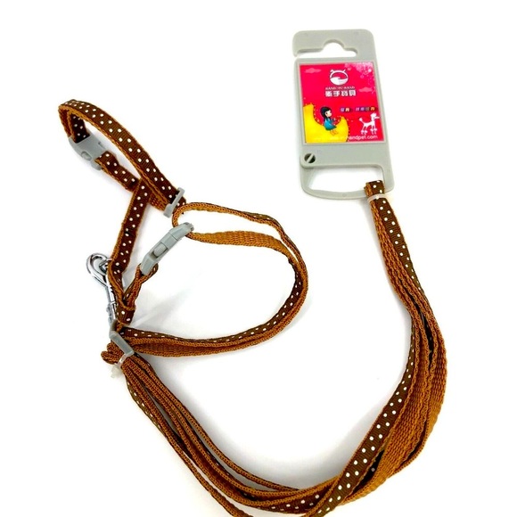 Small Pet Cat Dog Adjustable Harness & Leash Safety Walking Lead Brown Polka Dot - Picture 6 of 7